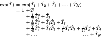 \begin{displaymath}\arraycolsep0.5ex
\begin{array}{ccll}
\exp(\hat T) & = &
\mu...
...
& & & + \, \ldots \, \hfill \ldots\, + \hat T_N\\
\end{array}\end{displaymath}