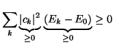 $\displaystyle \sum_k \underbrace{\vert c_k\vert^2}_{\geq 0}
\,\underbrace{(E_k - E_0)}_{\geq 0} \geq 0$